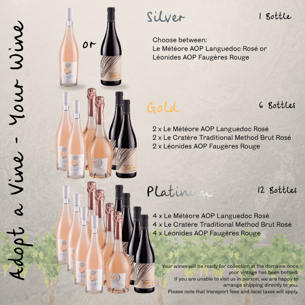 Allocation de vin Adoptez une vigne par formule : Argent 1 bouteille, Or 6 bouteilles, Platinum 12 bouteilles