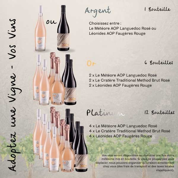 Allocation de vin Adoptez une vigne par formule : Argent 1 bouteille, Or 6 bouteilles, Platinum 12 bouteilles